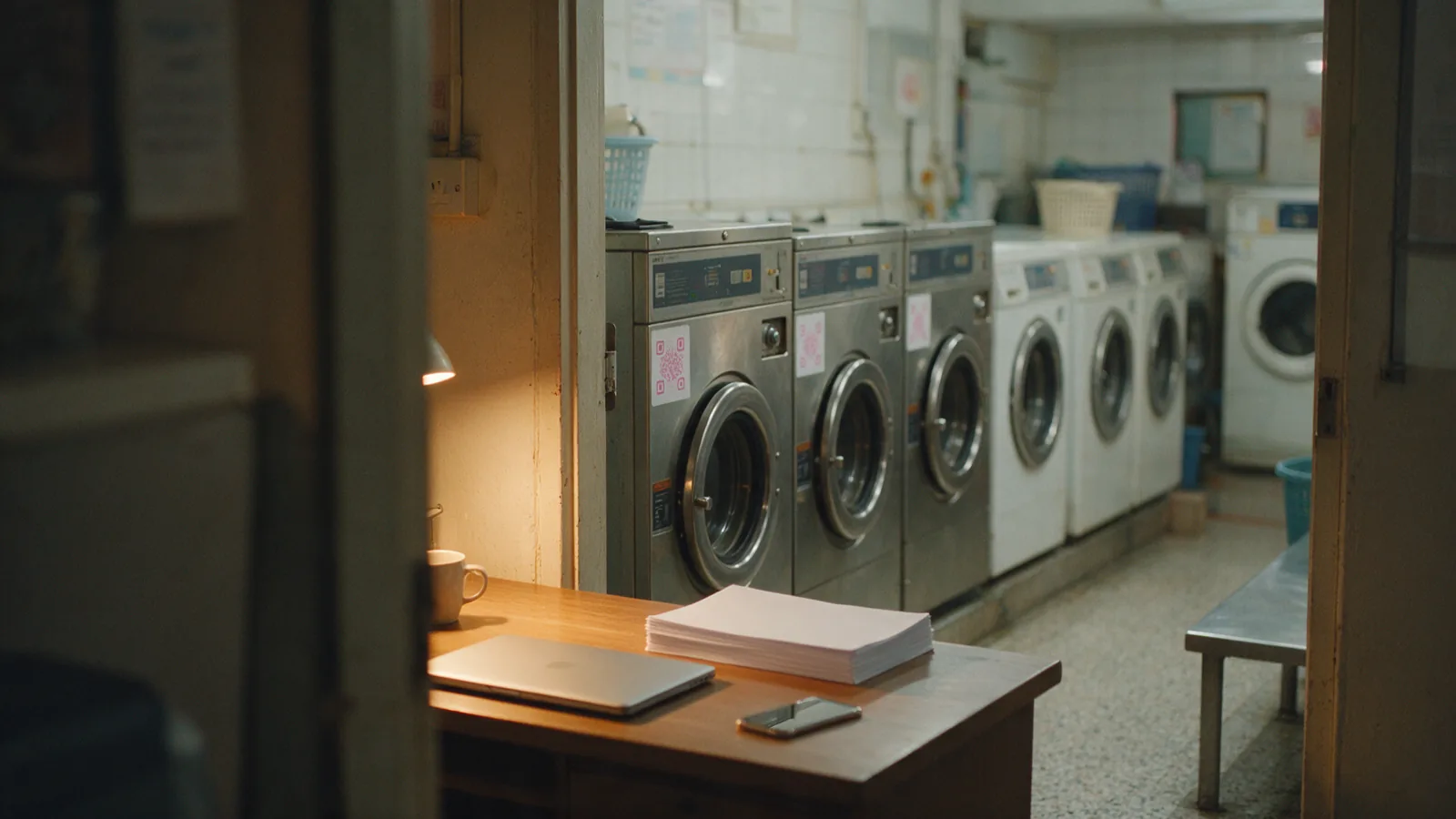 Illustration: a back-office desk in a laundromat after closing, with a row of washing machines carrying pink QR code stickers through the doorway