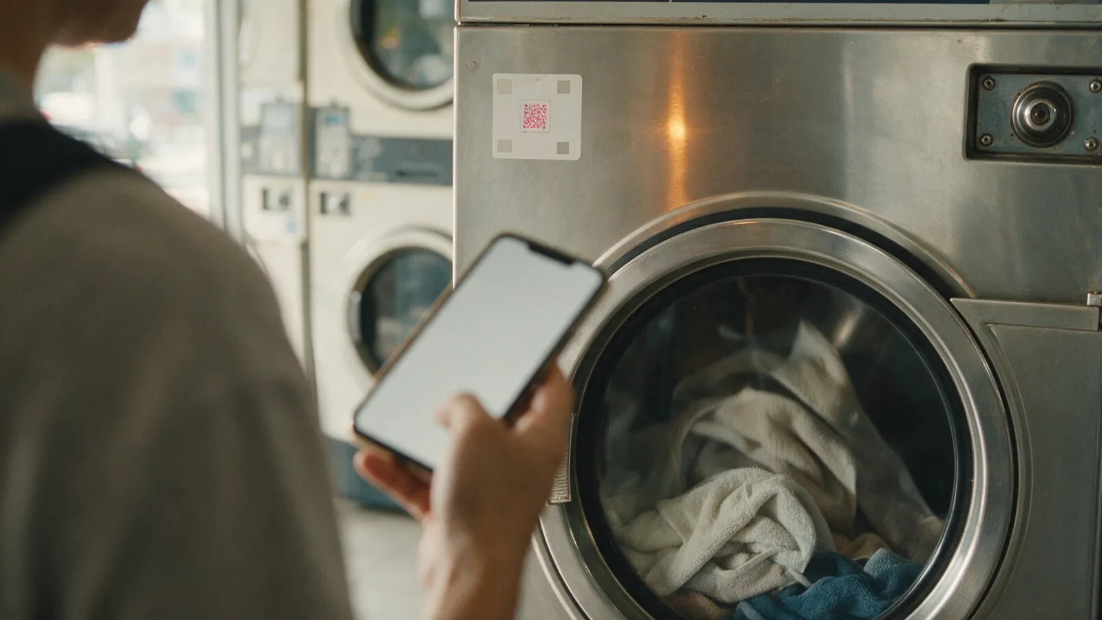 A hand holding a phone in front of a stainless steel laundromat machine with a QR code sticker on its front panel and towels in the drum (illustration)