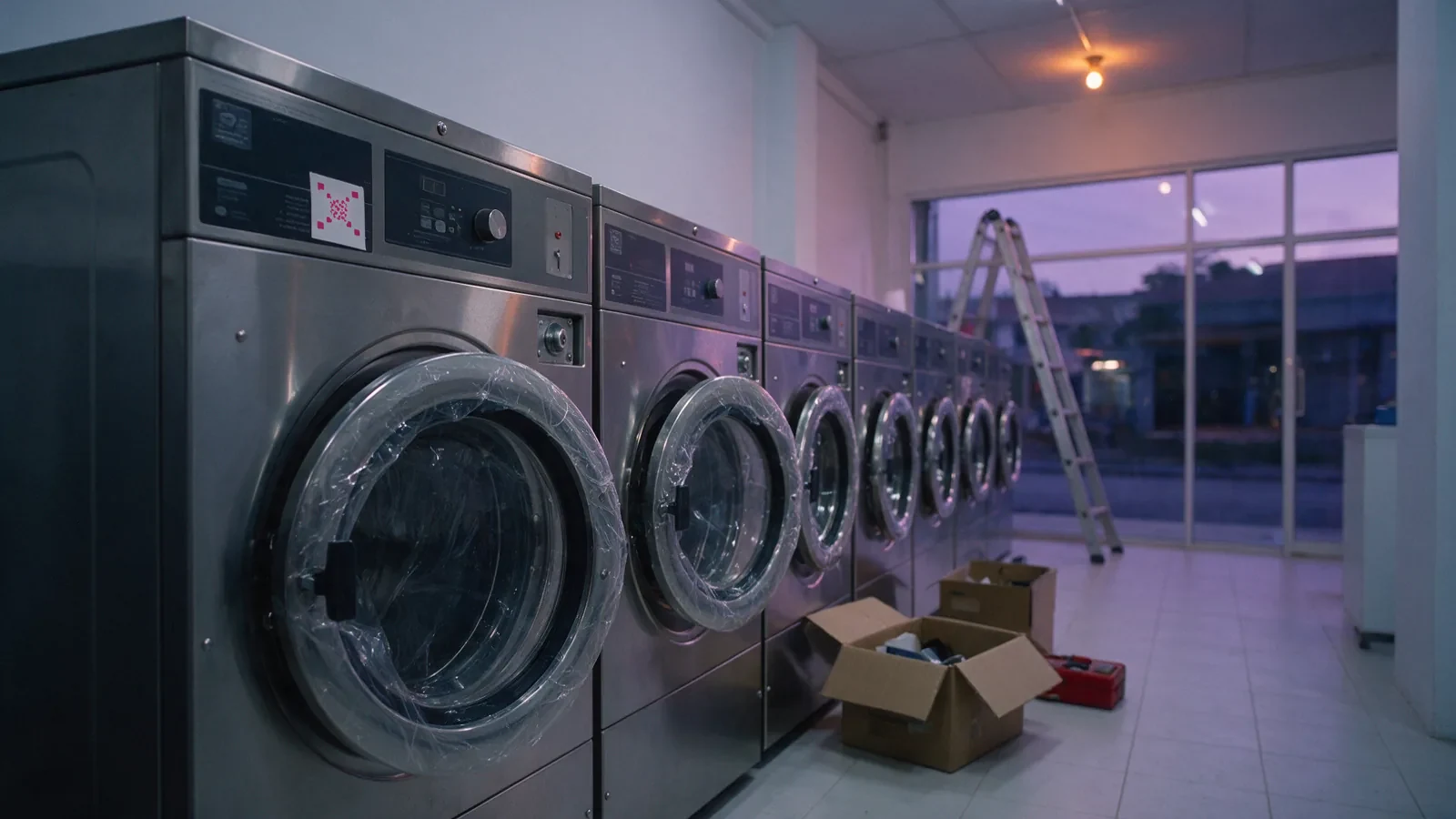 Illustration: a new self-service laundromat before opening, a row of stainless front-loading washers with protective film on the doors, a QR sticker on the nearest panel, boxes and a ladder at violet dusk