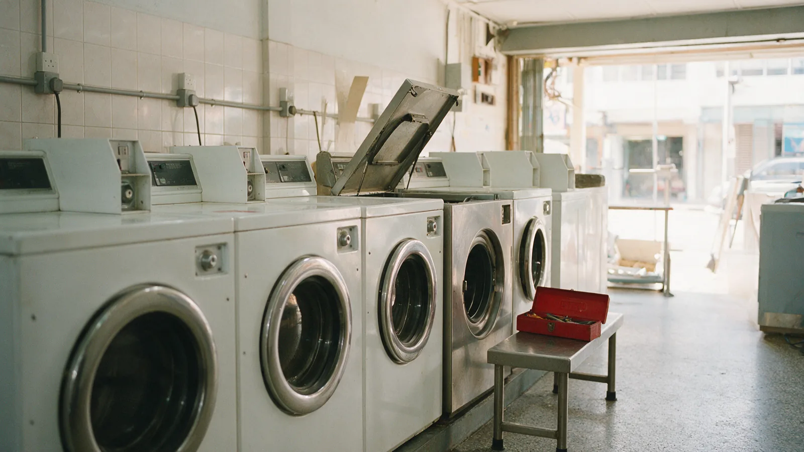 Existing commercial washers in a shophouse laundromat during a refit (illustration)