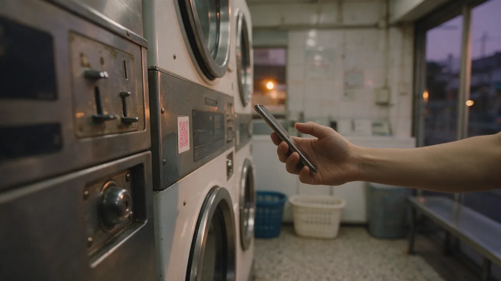 A hand holding a phone beside stacked laundromat machines, with a QR sticker on a machine's panel (illustration)