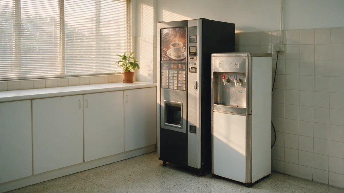 A coffee machine and a water dispenser in an office pantry (illustration)