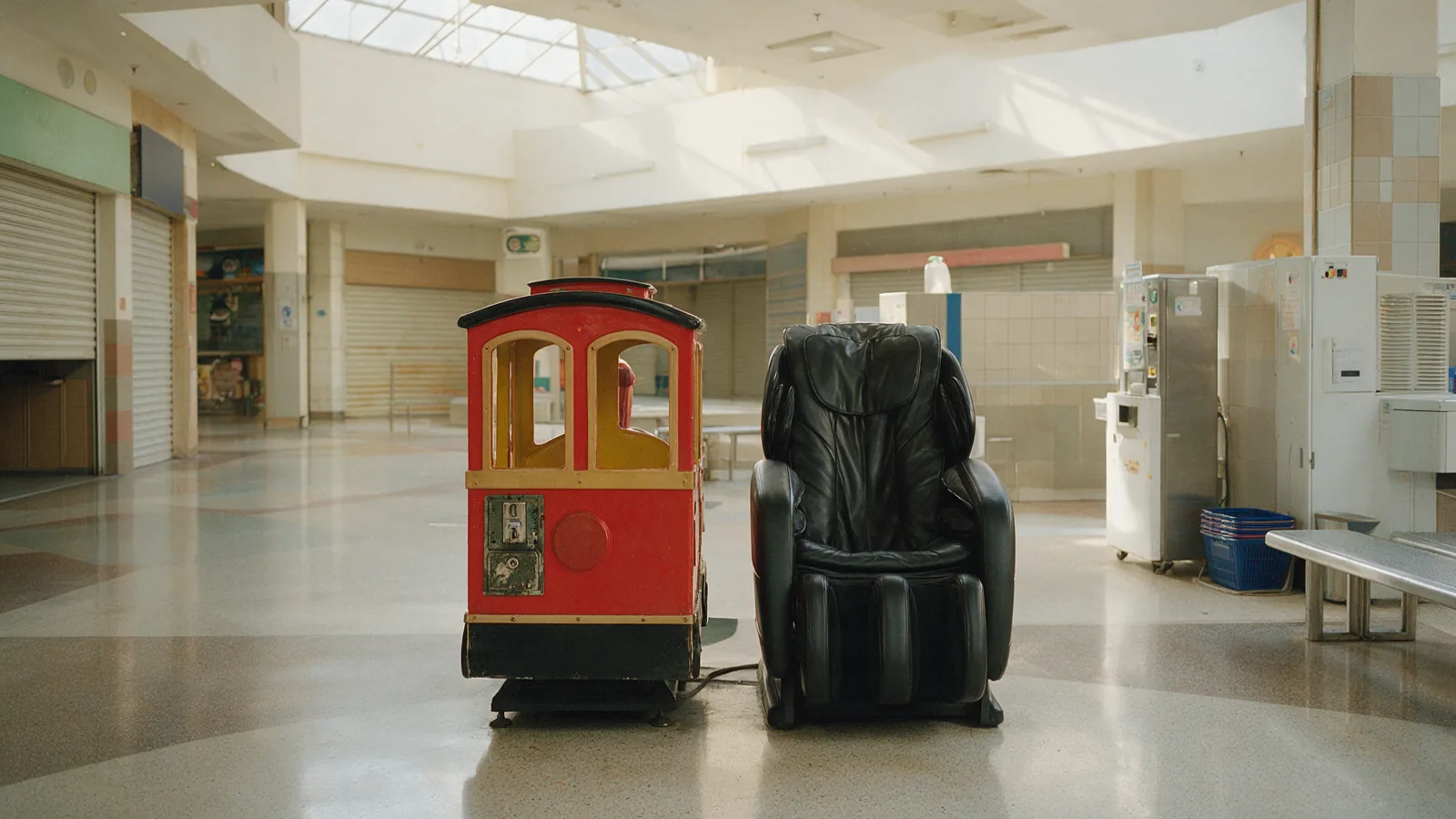 A kiddie ride and a massage chair in a mall (illustration)